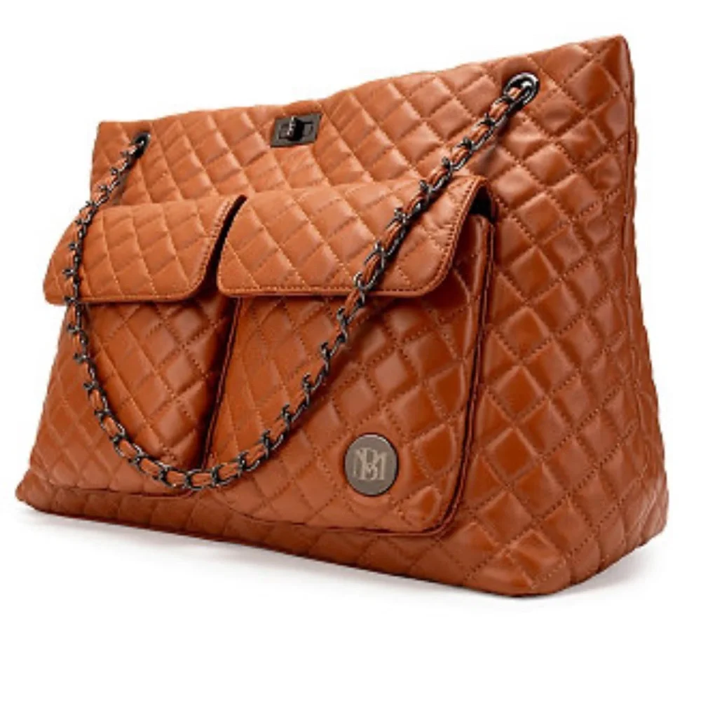 Badgley Mischka Diana Quilted Faux Leather Travel Tote Chain Shoulder Bag purse